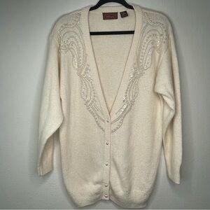 Vtg Worthington Cardigan Womans Medium Silk Angora Lambswool Blend Cream Pearls